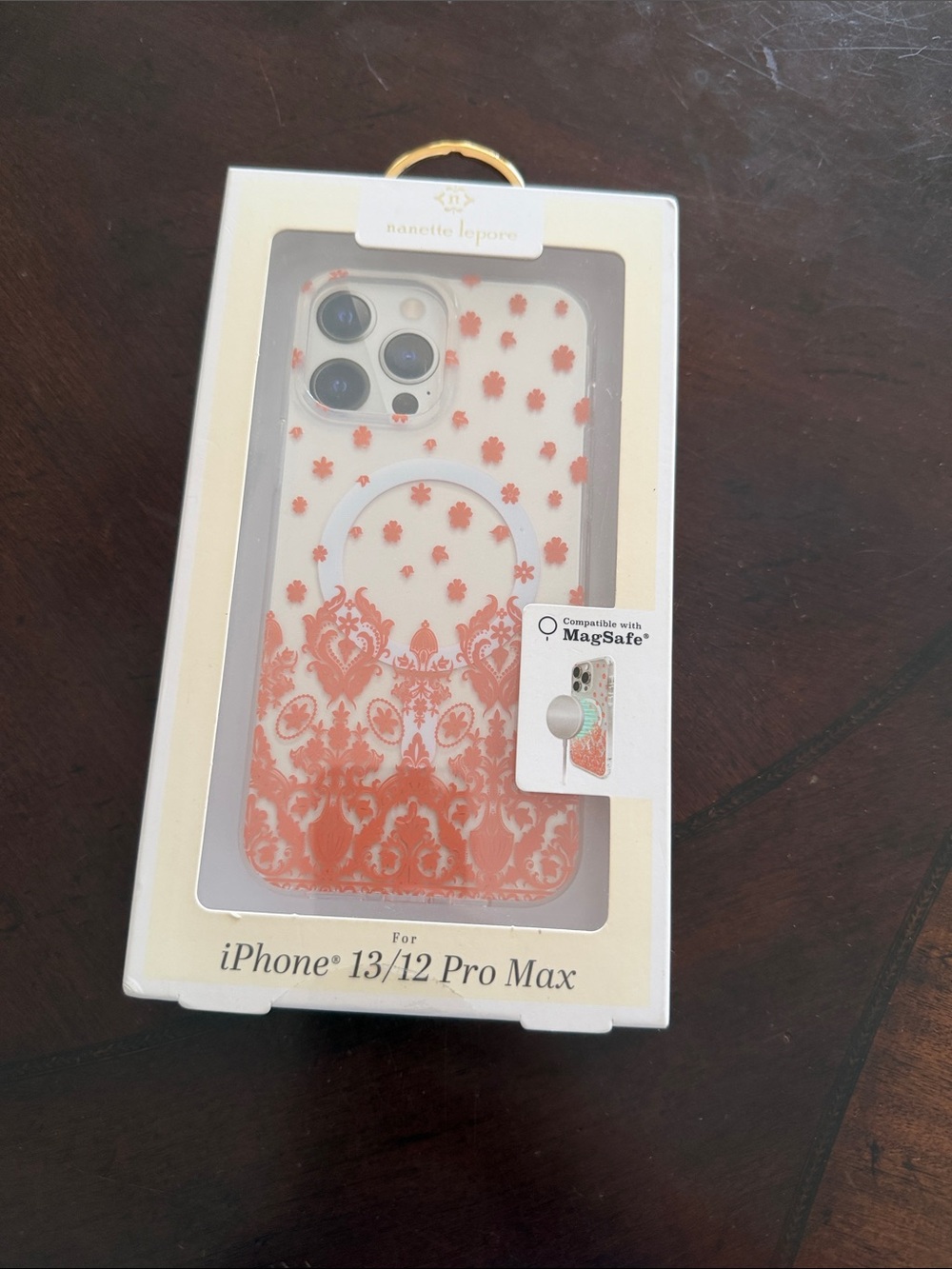 Nanette Lepore White iPhone 13/12 Pro Max Case with Coral Pattern and Grip Ring